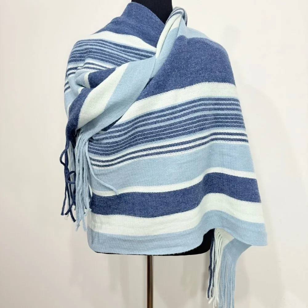 Free People Color Block Blue Stripe Oversized Fringed Edge Scarf Shawl Wrap